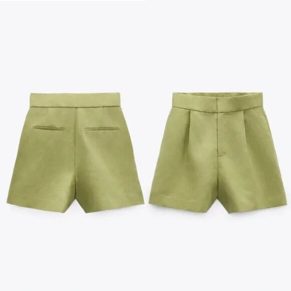 Zara - Linen Blend Pleated Shorts 3067/219/511 | Size Small | Pistachio Green - Picture 12 of 16
